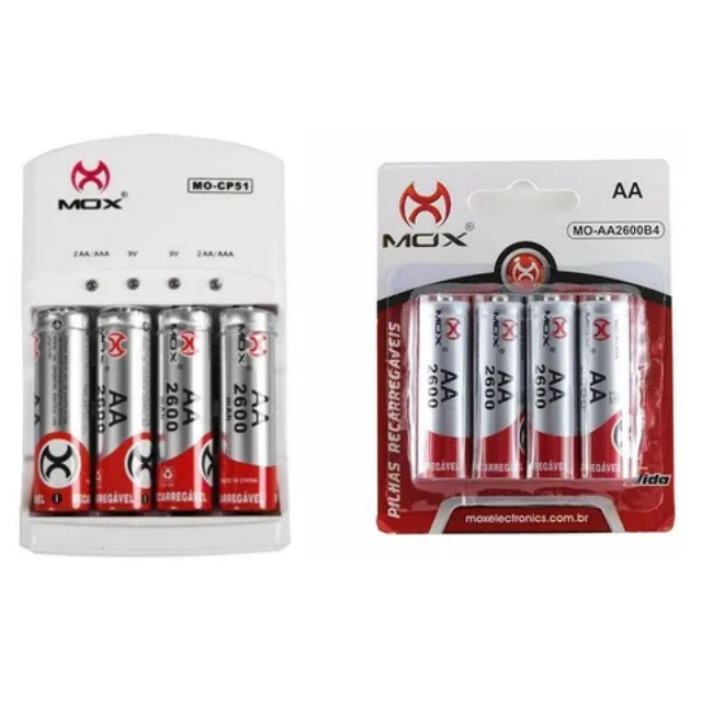8 Pilhas Recarregáveis Mox Aa 2600 Mah + Carregador Rápido