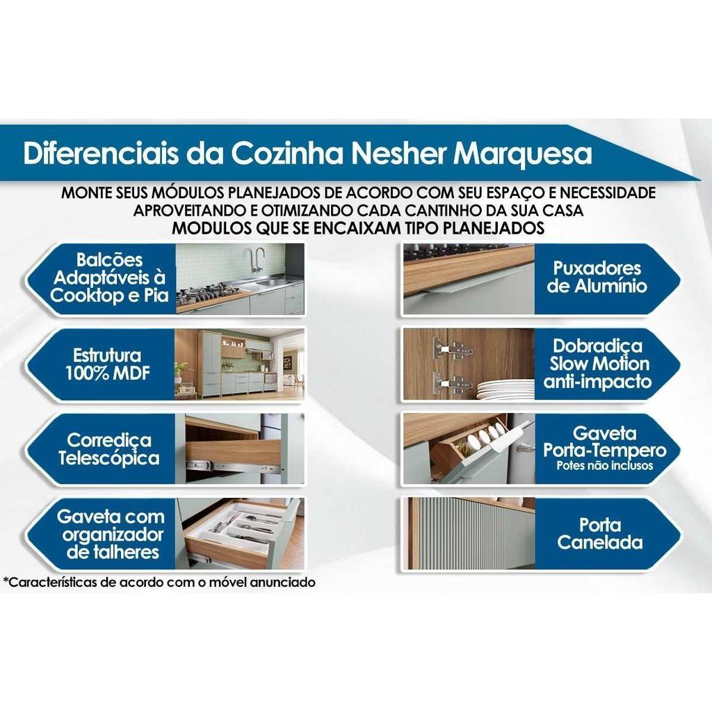 Detalhes do Balcão de Cozinha Marquesa p/Pia 1 Porta e 3 Gaveta c/ Tampo 120cm Nature/Verde - Nesher