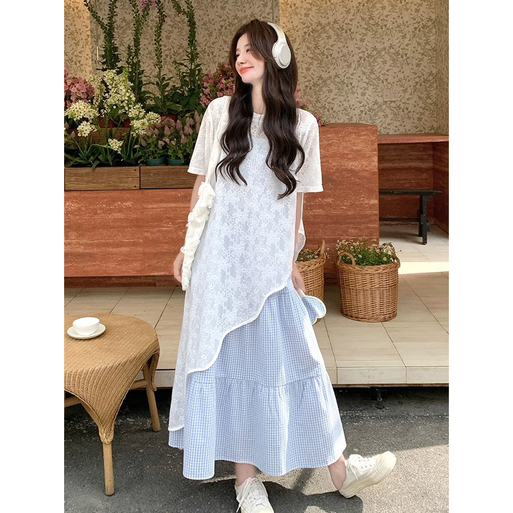 Blusa de renda de tule branco Irregular de comprimento médio feminina verão exterior gaze camisa de manga curta em camad
