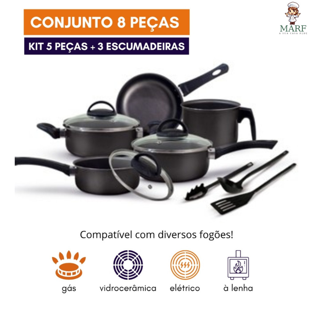 Conjunto de Panelas Teflon Antiaderente 8 Peças Jogo Com Tampa de Vidro Caçarola Panela Frigideira Caneco