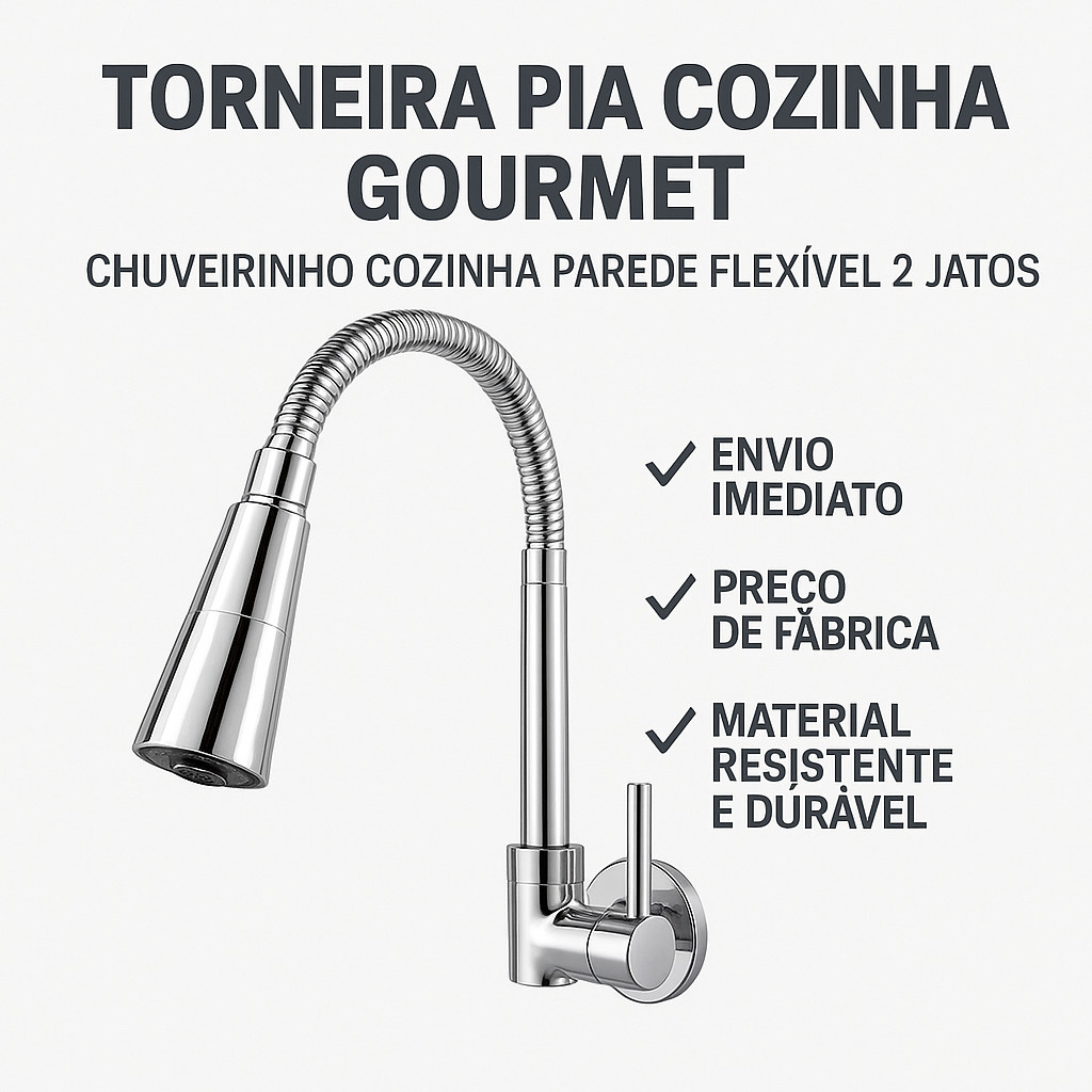 Torneira Gourmet de Parede Pia Cozinha Flexível com Chuveirinho 2 Jatos