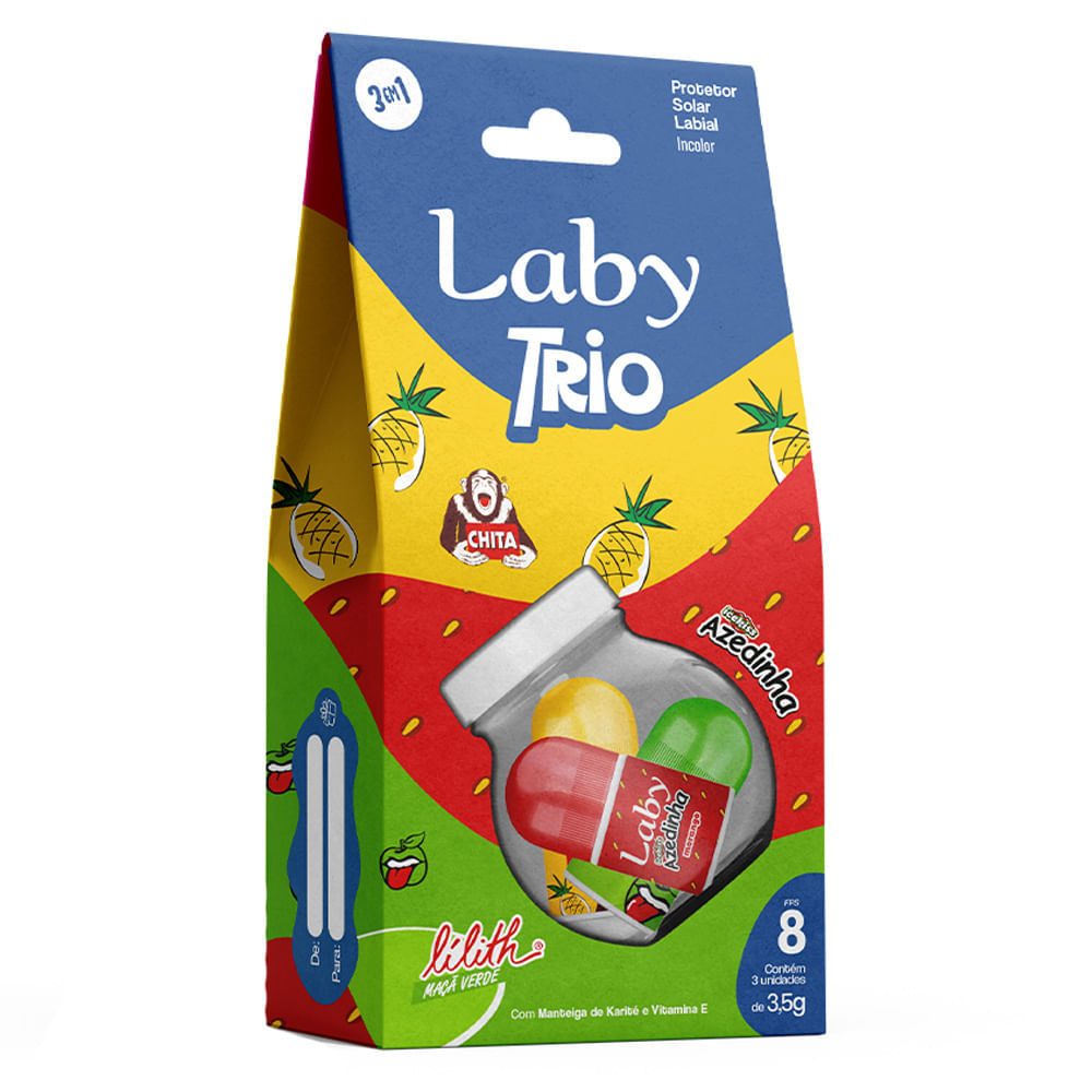 Protetor Solar Labial Laby Trio FPS 8 3 em1 Chita Lilith e Icekiss Azedinha Incolor 3 Unidades