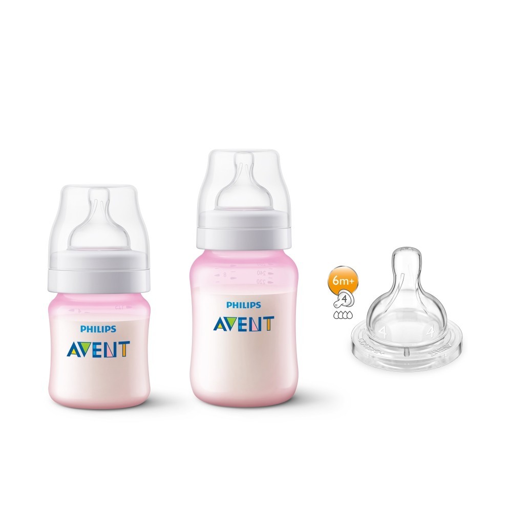 Kit Duplo Mamadeiras Anti-Colic 125ml + 260ml + Bico Nº 4 Rosa Philips Avent (SCY119/14)
