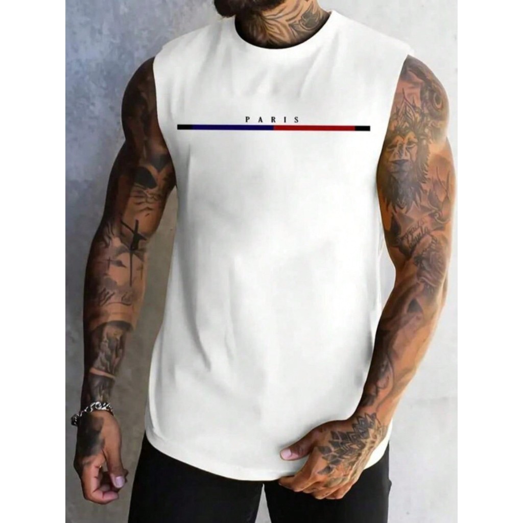 Camiseta Regata Masculina Paris Blusa 100% Algodão Blusa Cavada Verão Praia Streetwear 100% Algodão Lançamento