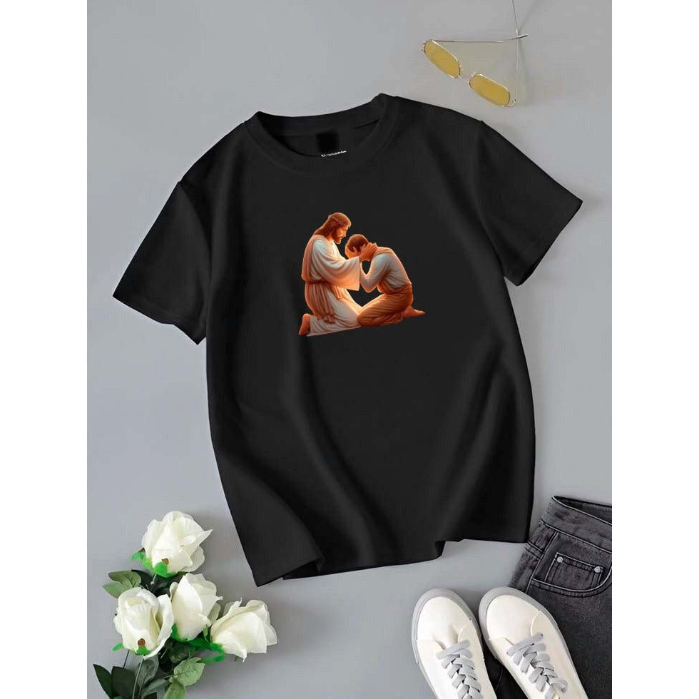 Camiseta Camisa Básica Estampada Cristã Jesus Abraço de Jesus Oração com Jesus