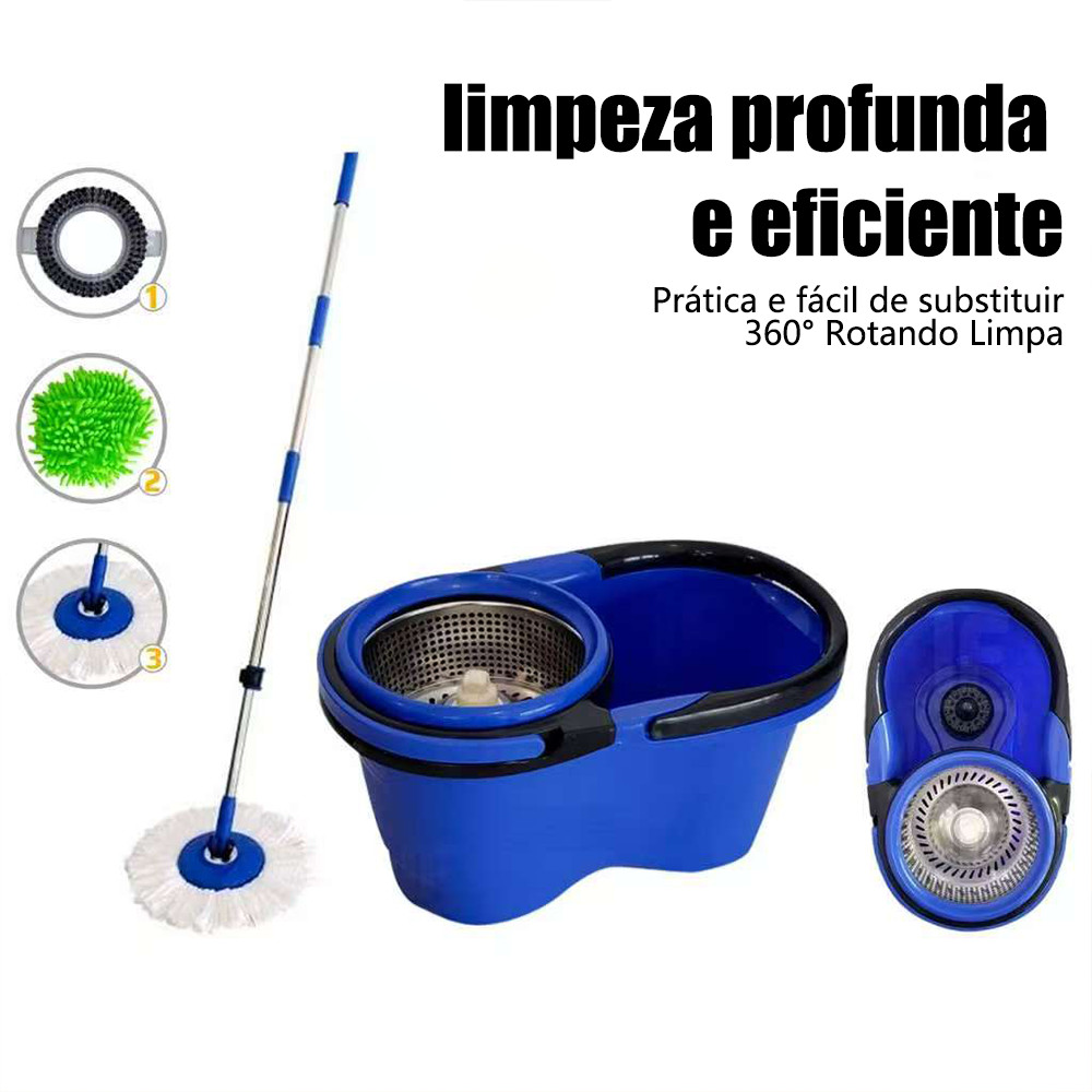 Mop Giratório Inox 360 Profissional Balde Grande 12L c/ Esfregão e 1 Refis para Limpeza Rápida e Totalmente Sem Esforço