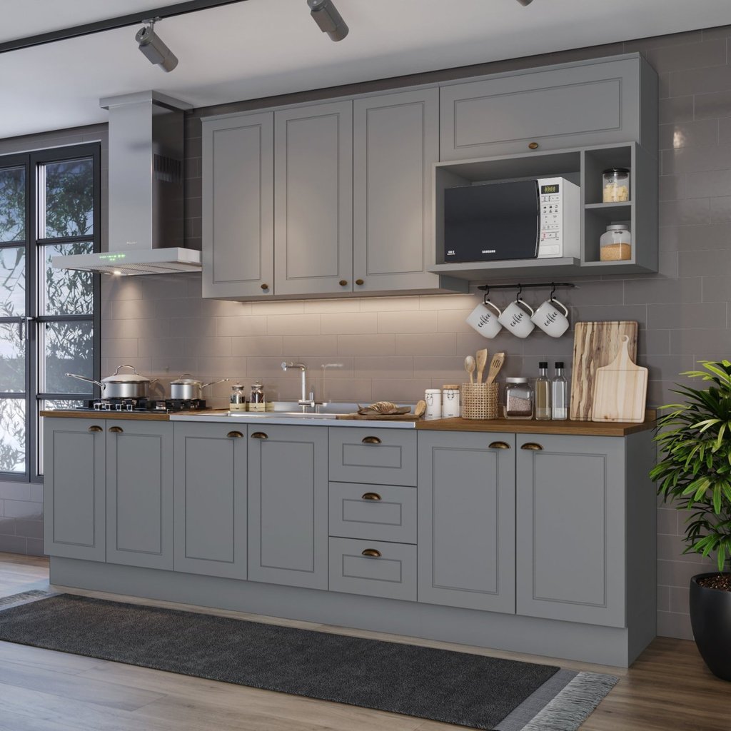 Cozinha Compacta 6 Peças com Tampo Para Cooktop Emily Cinza/Nature em Oferta na Shopee