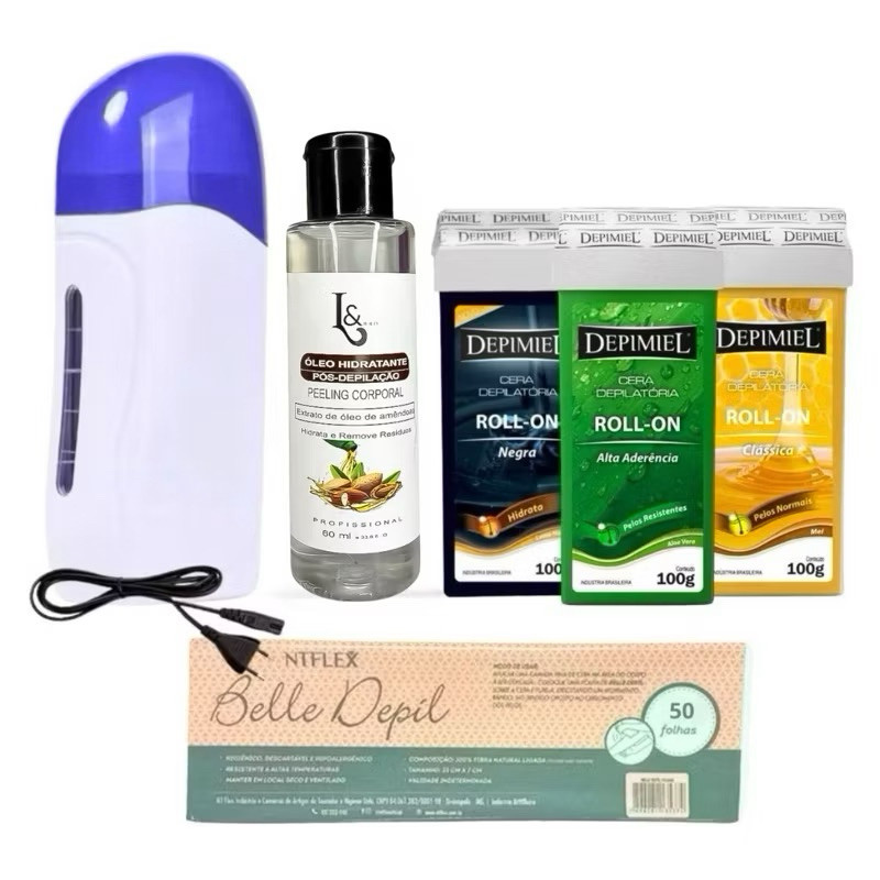 Kit C/3 Cera Refil Depimiel + Aquecedor Roll On + Óleo Removedor 50 Folhas Depilação TNT