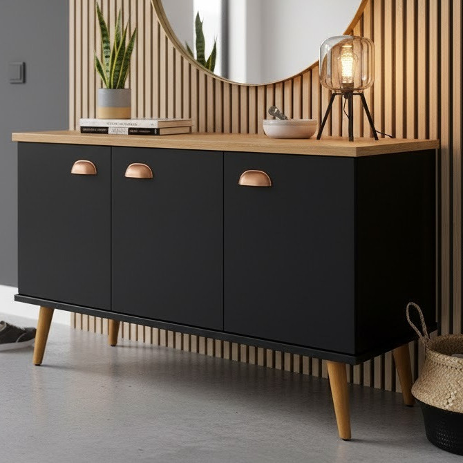 Aparador Buffet Organizador com 3 Portas, 1 Prateleira Interna e Pés Palito - Estilo Retrô