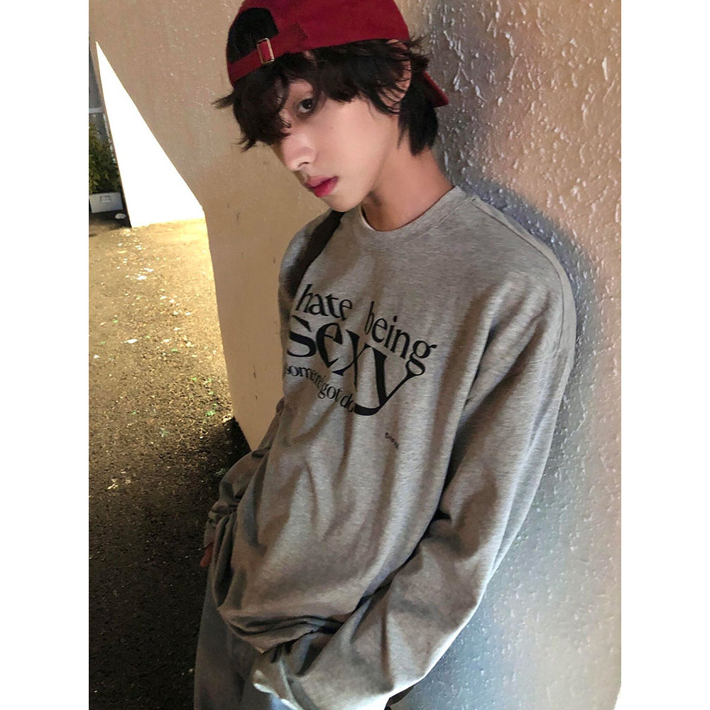 Cleanfit cinza carta impressa camiseta de manga comprida masculina leve em torno do pescoço moletom solto camisa de fund