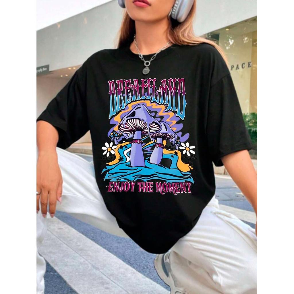 Camiseta Oversized Ombro Caído tumblr cogumelo Streetwear T-shirt Camisa Blogueira Style