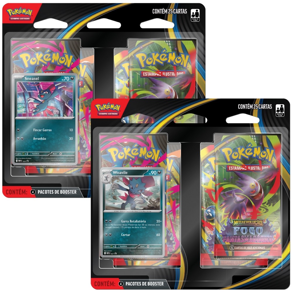 BLISTER QUÁDRUPLO MEGAEVOLUÇÃO FOGO FANTASMAGÓRICO ME02 COPAG POKÉMON TCG BOOSTER CARTAS MEGA PACK