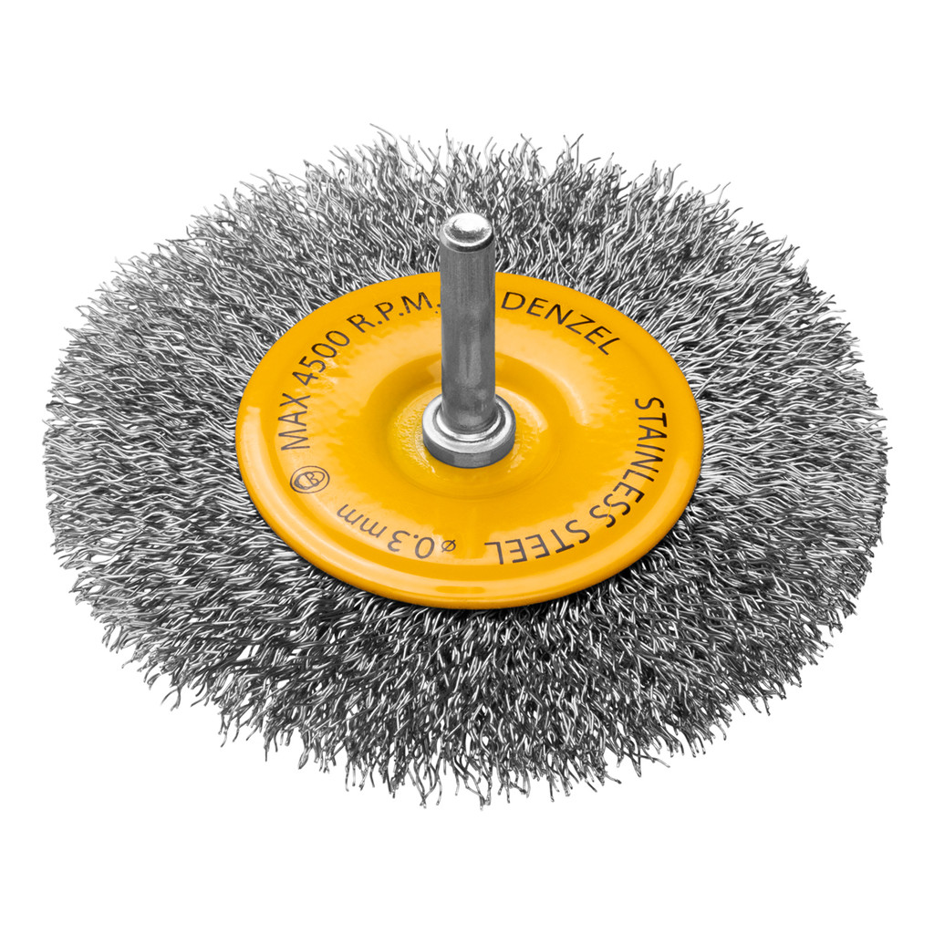 ESCOVA CIRCULAR 100 MM, COM HASTE DE 1/4 6 MM, FIOS ONDULADO INOX  DE 0,3 MM/DENZEL em Oferta na Shopee