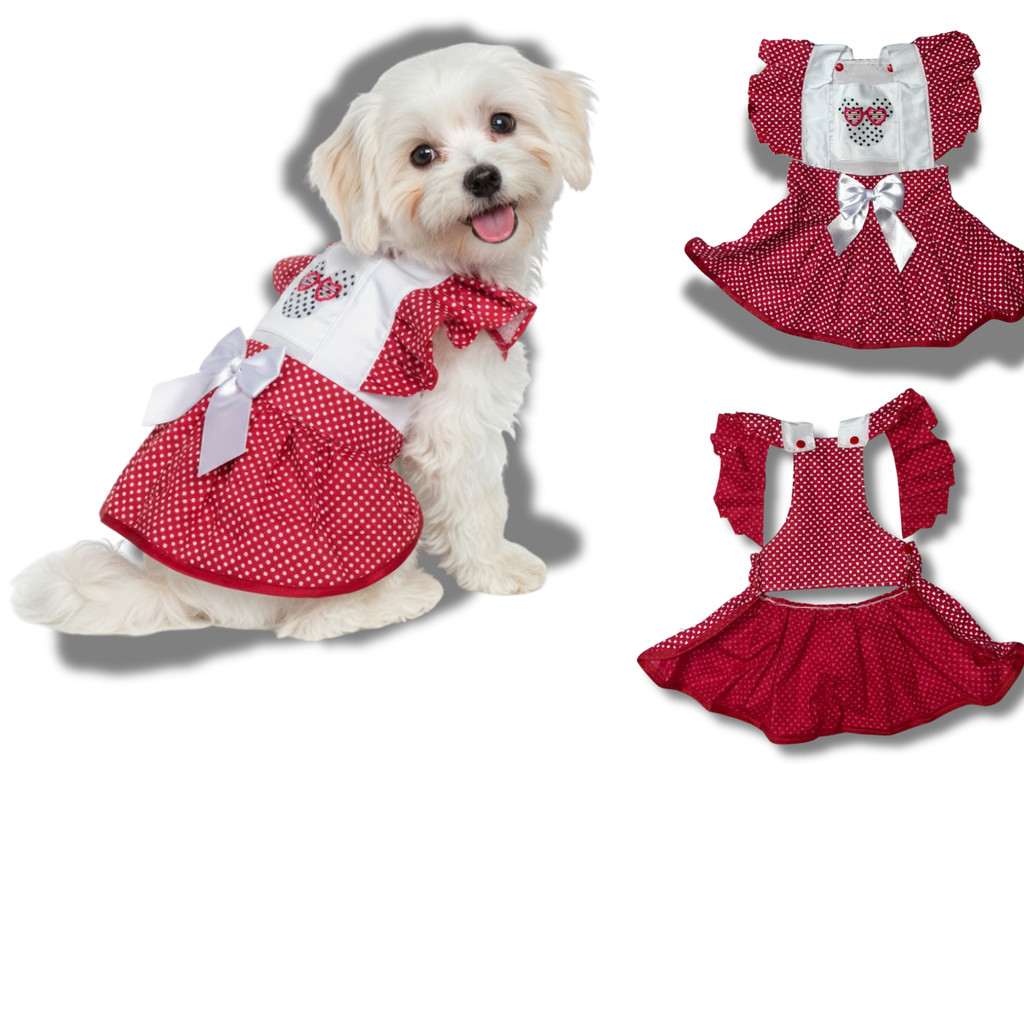 Vestido Pet Minnie Vermelho Corações Roupa Cachorro e Gato Fêmea
