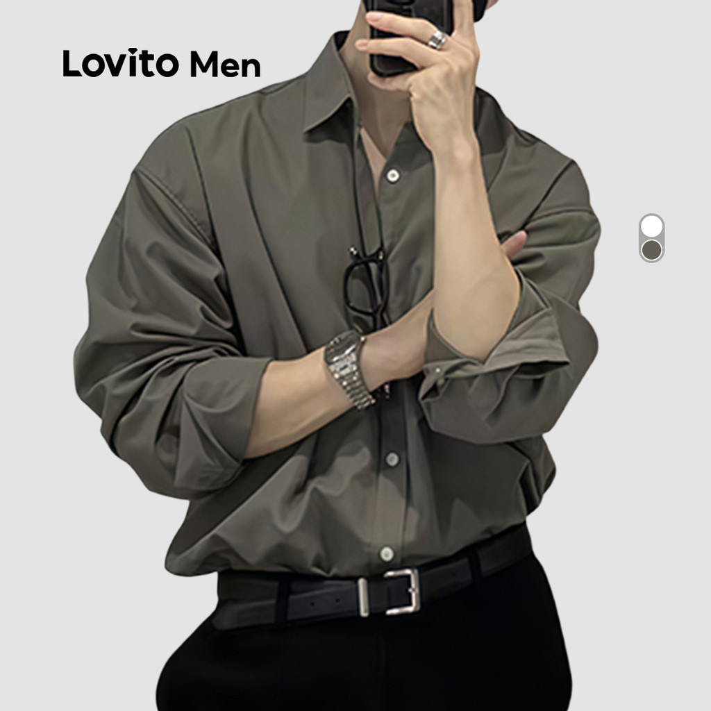 Lovito Men Camisa Casual de Botão para Todas As Estações Cinza para homens LNE122044 em Oferta na Shopee