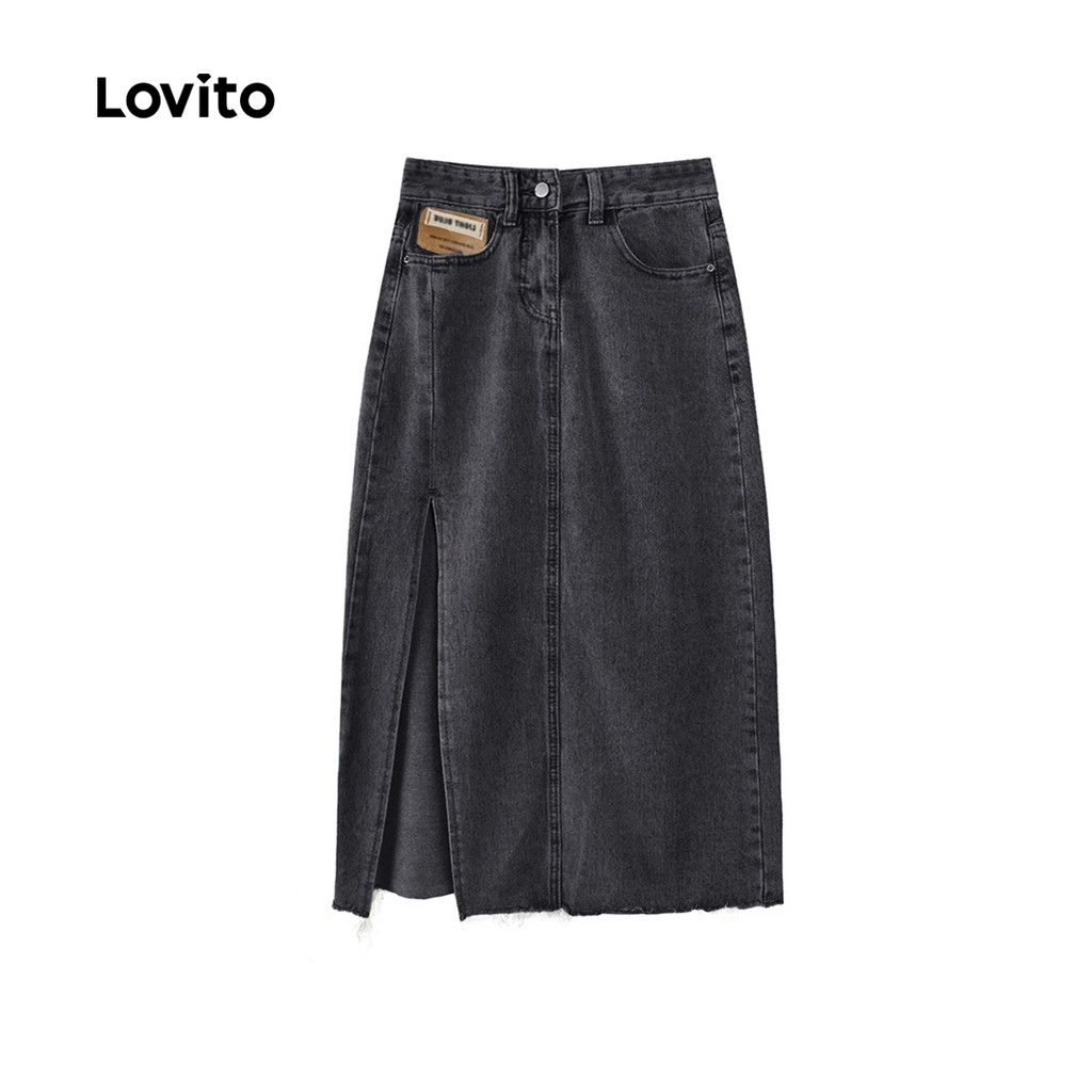 Detalhes do Lovito Saia Jeans Casual Rosa Lavada com Divisão Na Coxa Primavera/verão Saia Jeans Preta para mulheres LNE121024