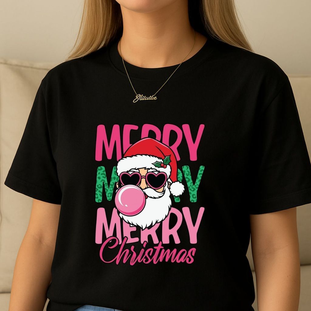Camiseta Merry Christmas Estampa Papai Noel Cool Óculos Chiclete Moda Natal