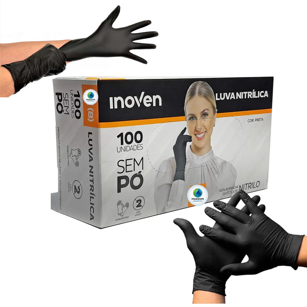 Luva Nitrilica Preta Sem Pó Descartavel Caixa 100 un Inoven Borracha P M G Pequena Media Grande Procediment Profissional em Oferta na Shopee