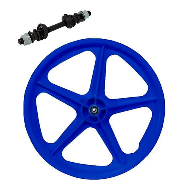 RODA ESTRELA DIANTEIRA RETRÔ EXTRA NYLON AZUL ARO 20 P/ BICICLETA COM EIXO COMPLETO
