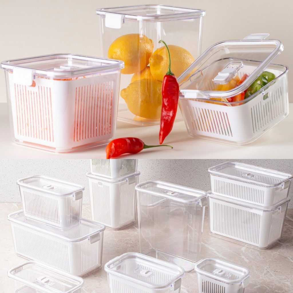 Potes Slim Organizadores Geladeira Hermético com Cesto Drenagem - Saladas Frutas Legumes Empilhável