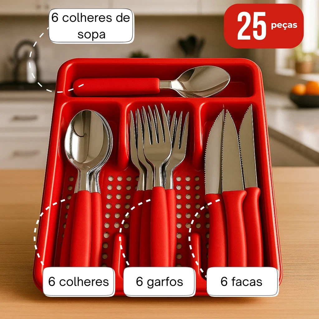 Jogo de Talheres 24 Pecas Inox Com Suporte Gaveteiro Brinde Talher Premium Sortido em Oferta na Shopee