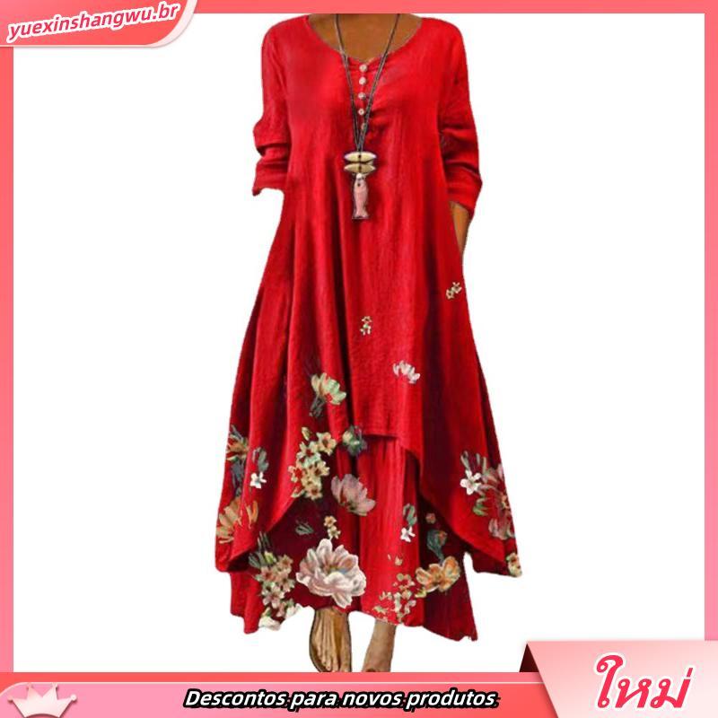 Verão Floral Imprimir Vestidos Longos Mulheres O Pescoço Botões Irregular Hem Maxi Soltos Casual Praia Plus Size