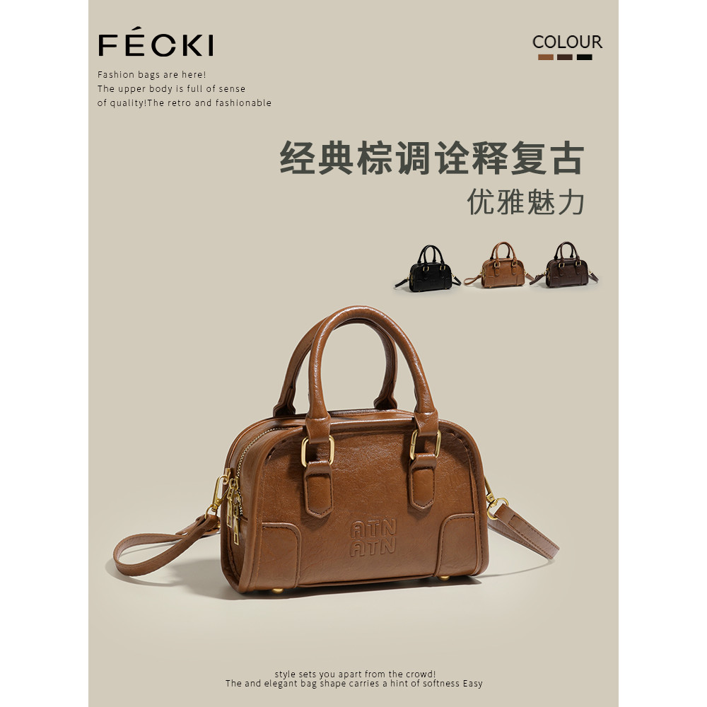 FECKI Bolsa de presente de aniversário genuína feminina retrô simples portátil pequena bolsa quadrada 2025 primavera ver
