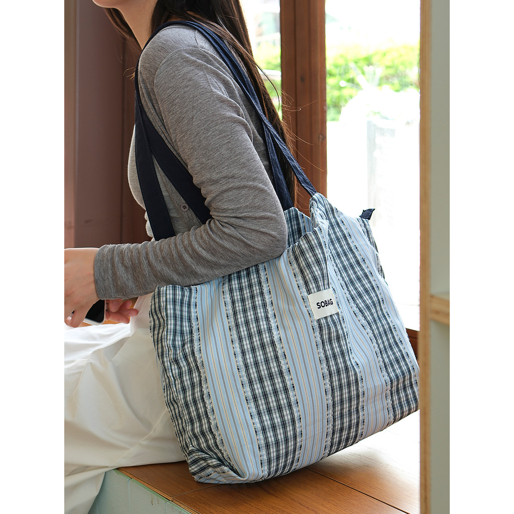 Sobag Wang Yici Recomendado Verão Azul Xadrez Lona Bolsa de Ombro Feminina Casual Grande Capacidade Commuter Tote Bag