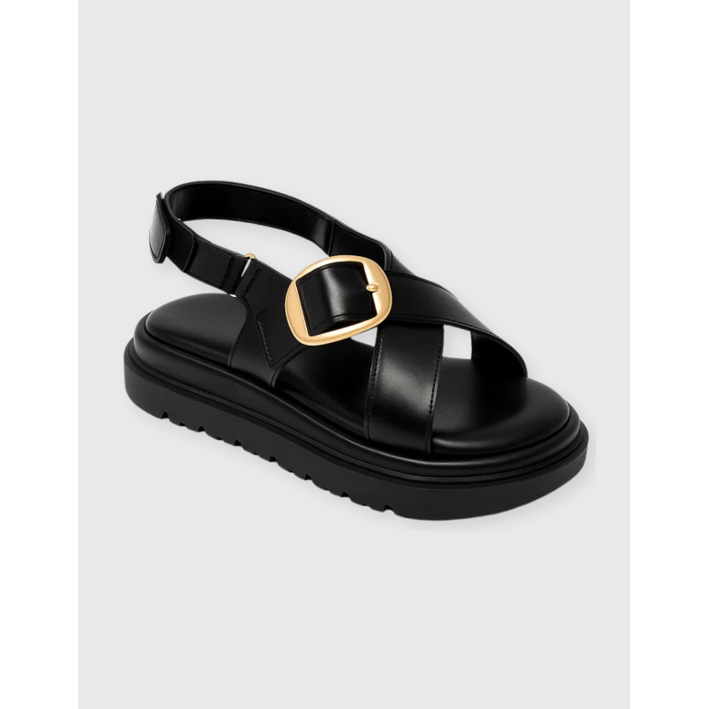 Sandália Papete Feminina Flatform Fivela Dourada Confortável Estilosa