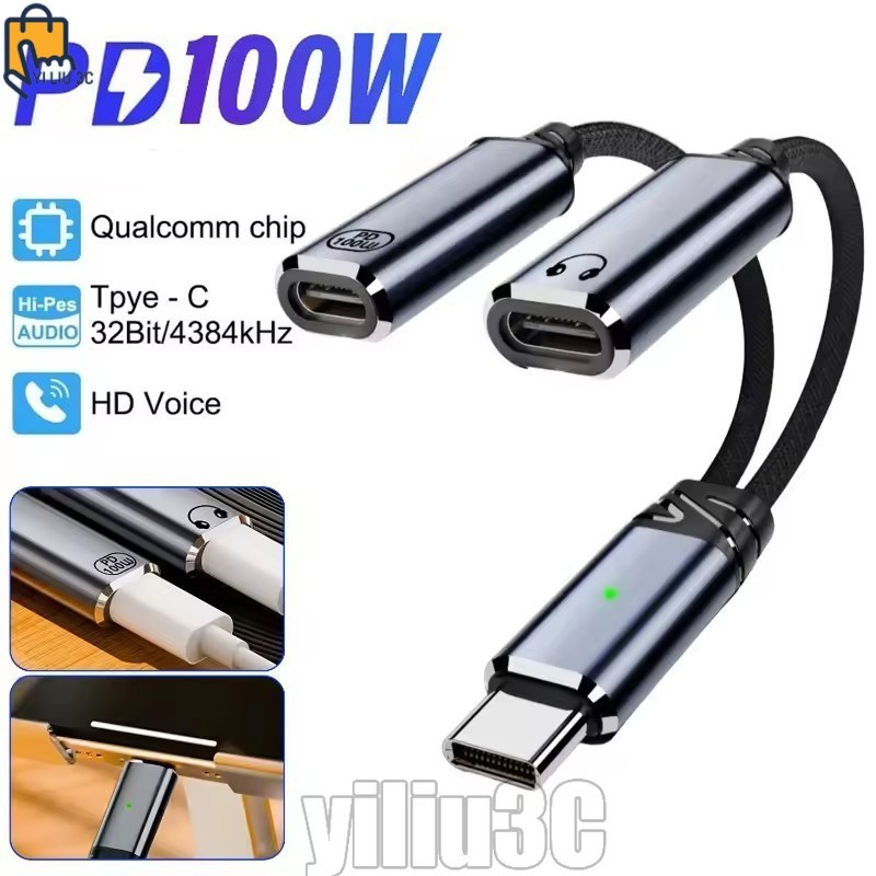 Tipo C Para Dual USB Macho Fêmea Adaptadores De Fone De Ouvido PD100W Cabos De Áudio De Carregamento Rápido Conectores M