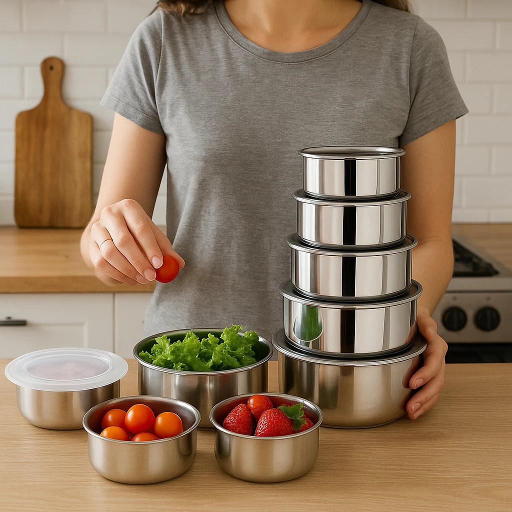 Kit 5 Tigelas Inox Potes Marmita Alumínio Vasilha Recipiente Armazenar Cozinha Alimentos Organizador