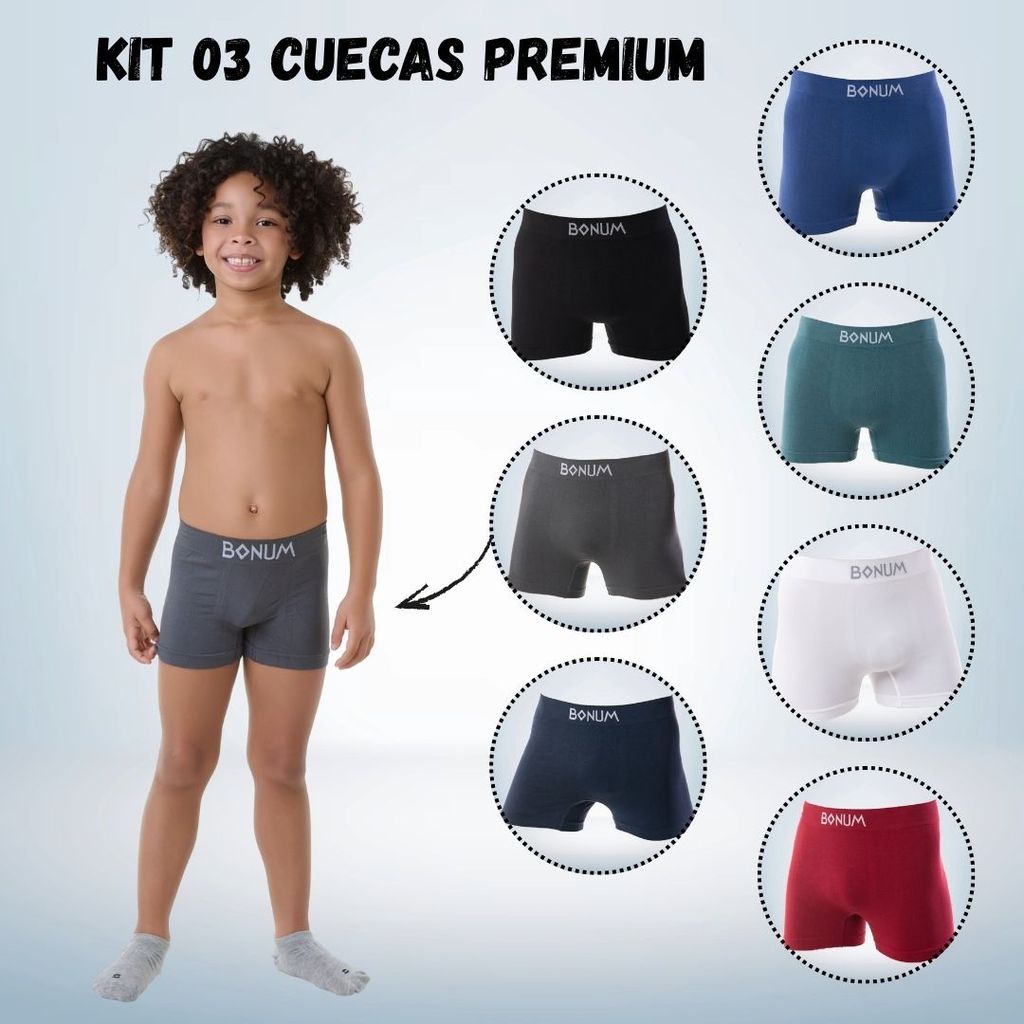 Cueca Boxer Bonum Kids Infantil Premium Kit Menino 03 unid. - Poliamida em Oferta na Shopee