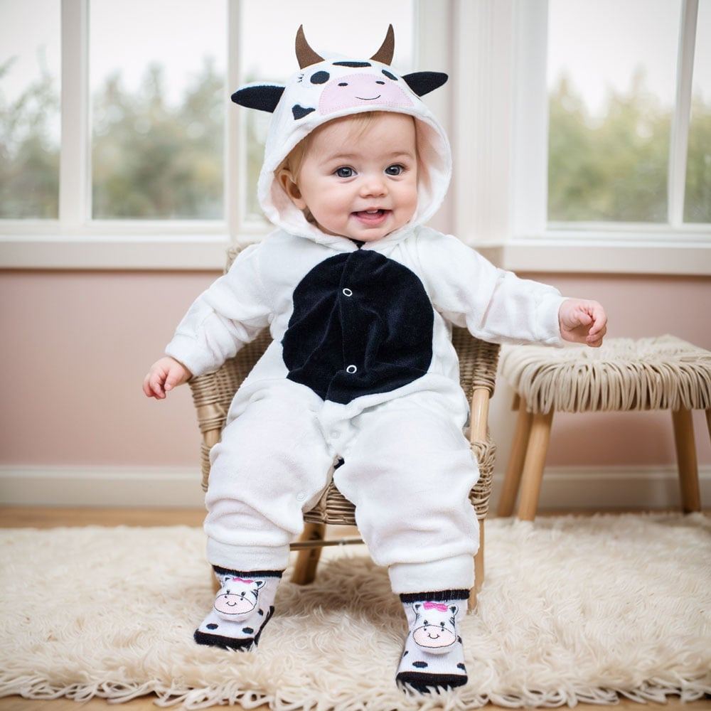 Conjunto Macacão Vaquinha Com Capuz E Pantufa 3d Interativa