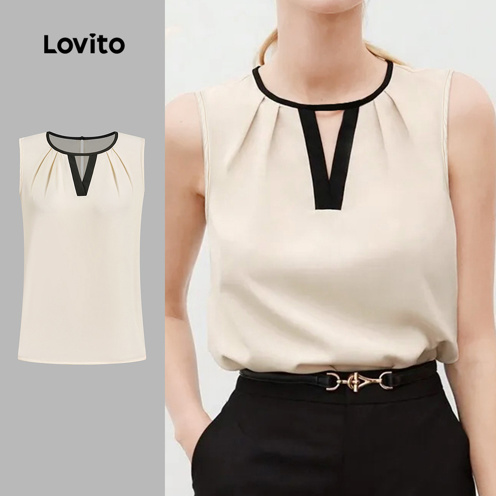 Lovito Blusa Elegante Colorblock com Pregas Primavera/verão Blusa de Damasco para Mulheres L155ED1642 em Oferta na Shopee