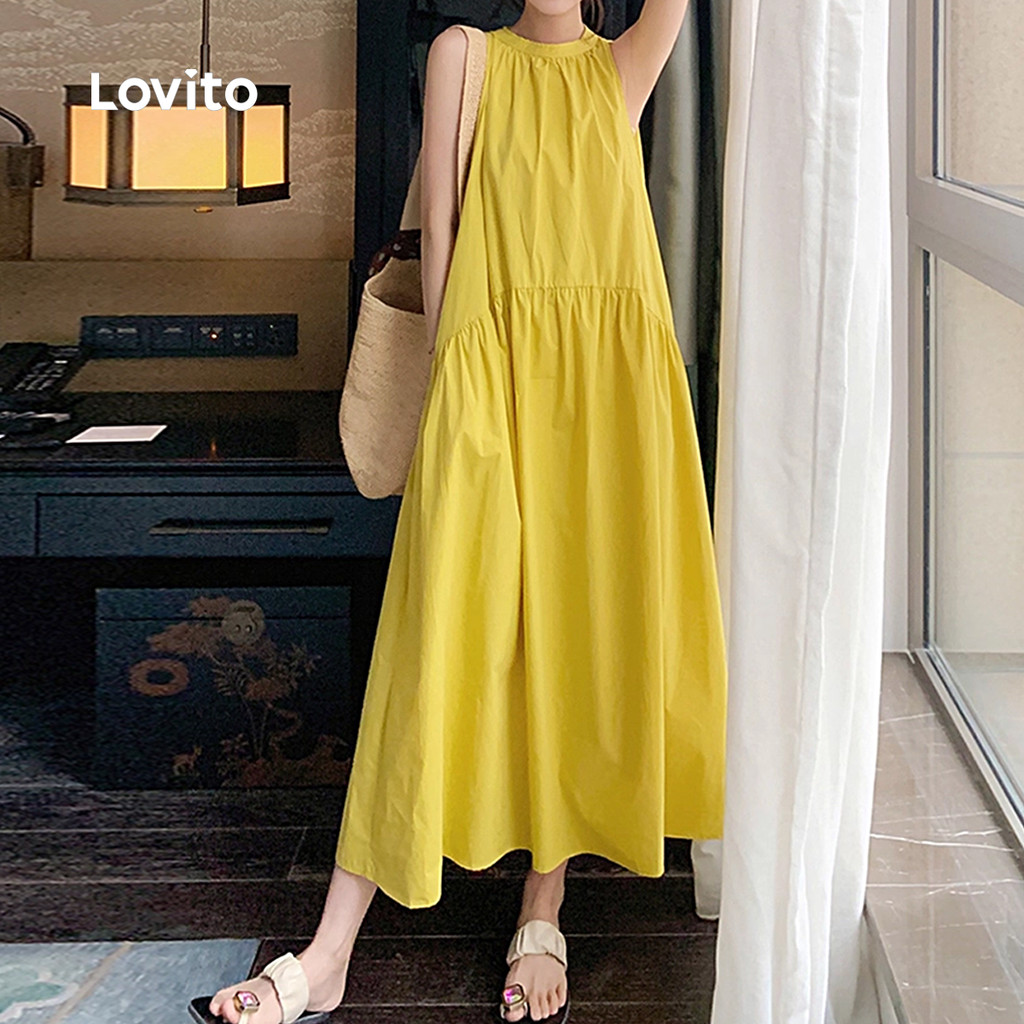Detalhes do Lovito Vestido Casual de Bolso com Franzido Macio e Confortável para Primavera/verão Vestido amarelo L137ED758
