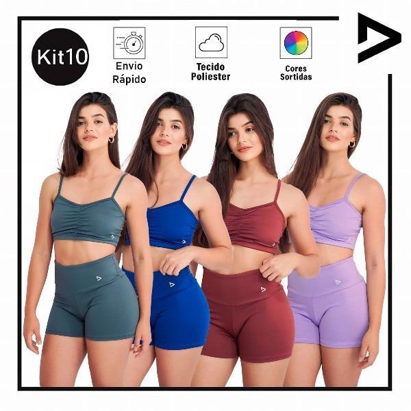 KIT 10 Conjunto Fitness Top Short Academia Cintura Alta Suplex  Confortável para Treinos
