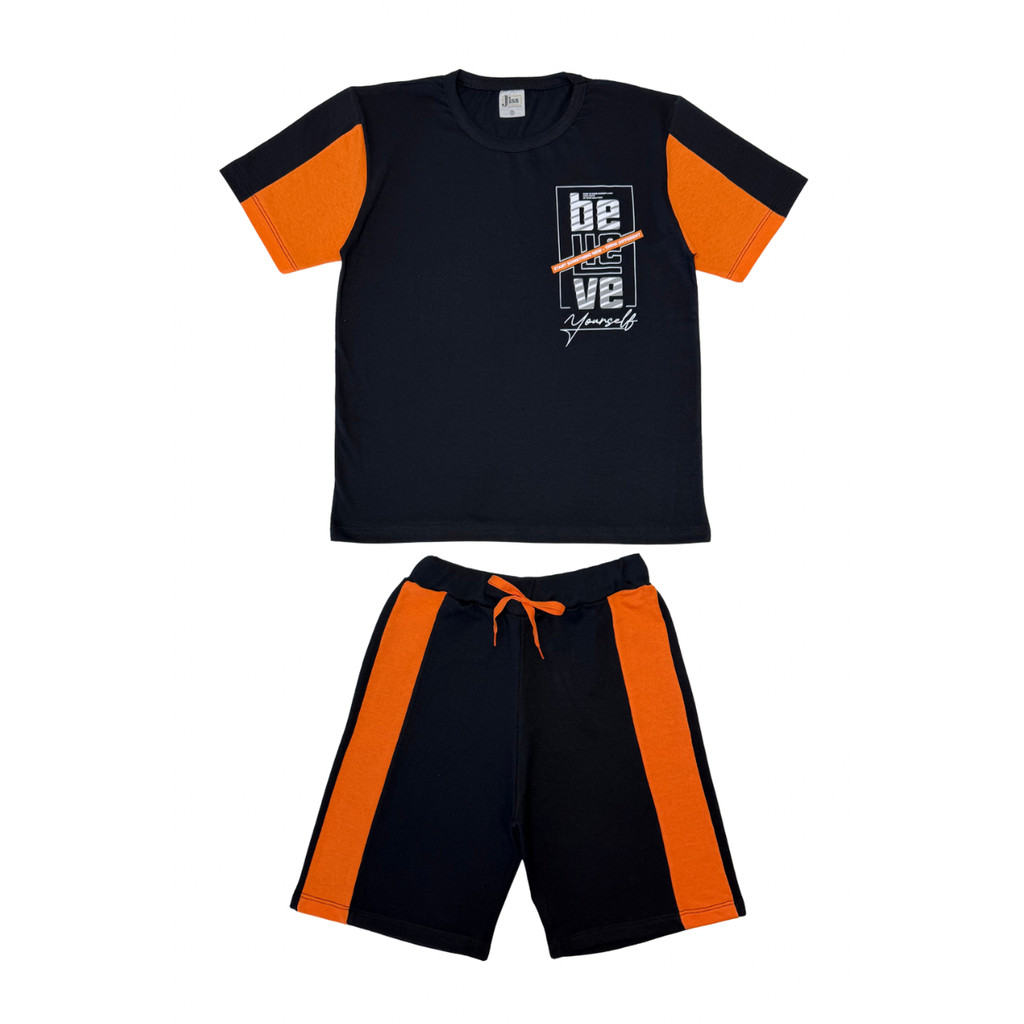 Conjunto Juvenil Masculino Meia Malha/Moletinho Preto Com Laranja