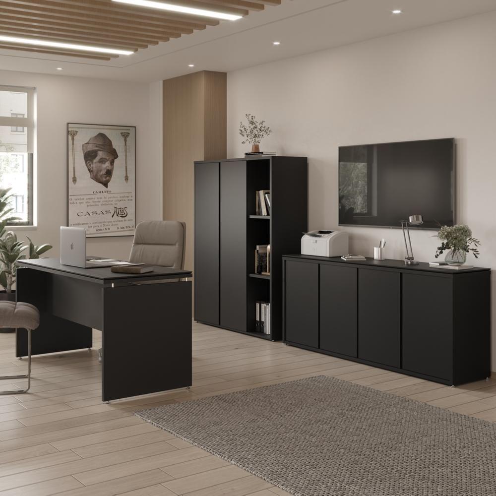 Conjunto De Escritório Office 3 Peças Mesa Balcão Armário Tu - Preto Preto