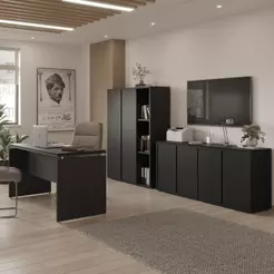 Conjunto De Escritório Office 3 Peças Mesa Balcão Armário Tu - Preto Preto