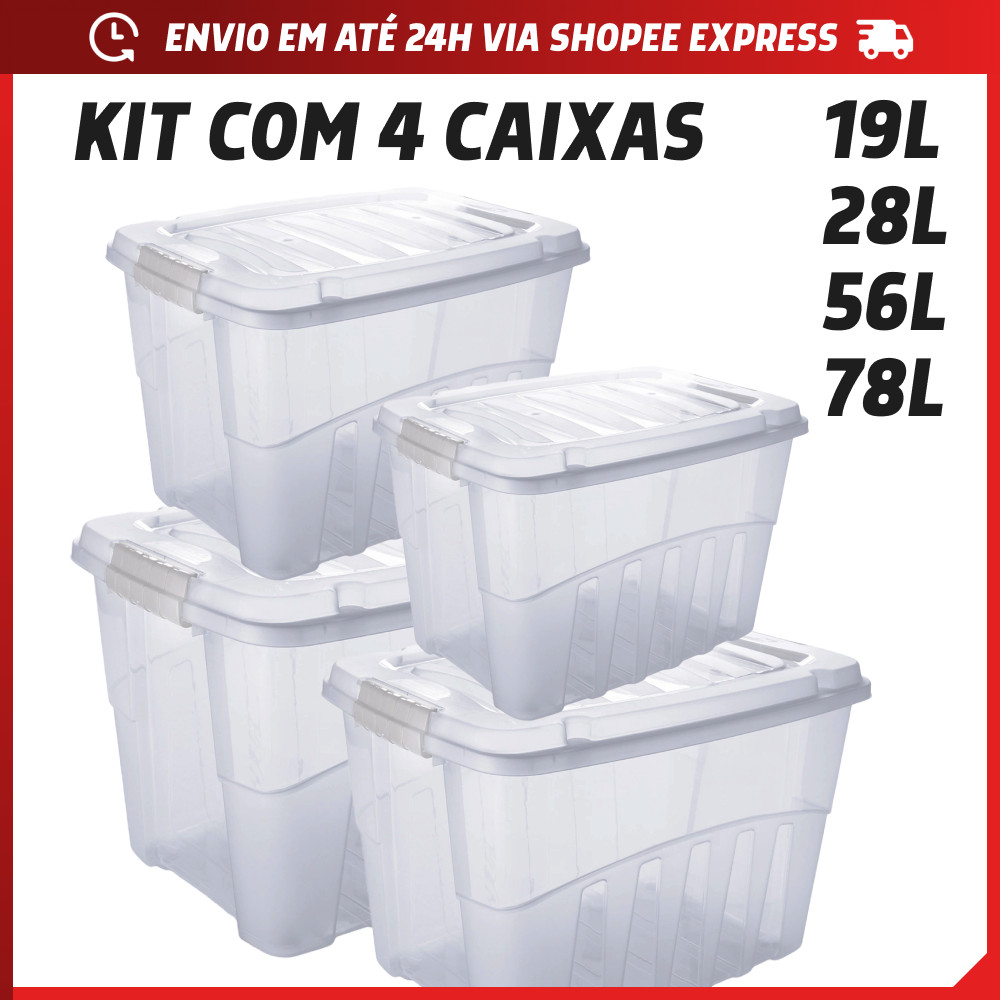 Kit Caixa Organizadora com Tampa Grande Transparente Gran Box 19L 28L 56L 78L Plasútil BPA FREE
