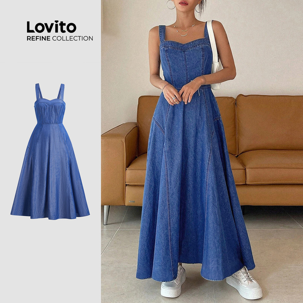 Lovito Refine Vestido Casual Estrutura Lisa Jeans Sense of Lines Todas as Estações Mulheres LR7LD056 em Oferta na Shopee