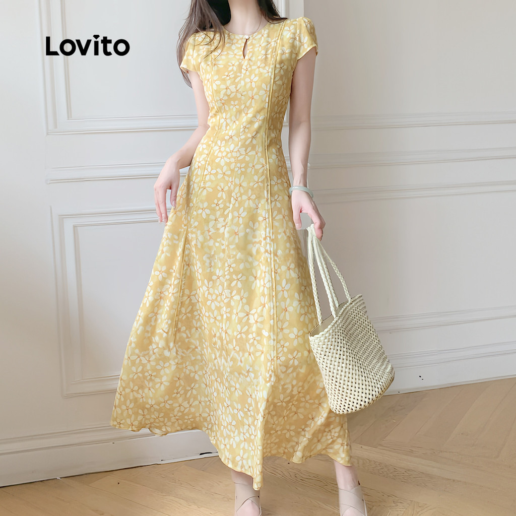Detalhes do Lovito Vestido Boho Pregueado Primavera/verão Vestido Amarelo para mulheres L142ED048