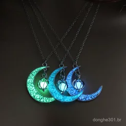 Colar Lua Brilhante Joias Charme Pingente de Halloween Banhado a Prata Colar de Pedra Luminosa Oca