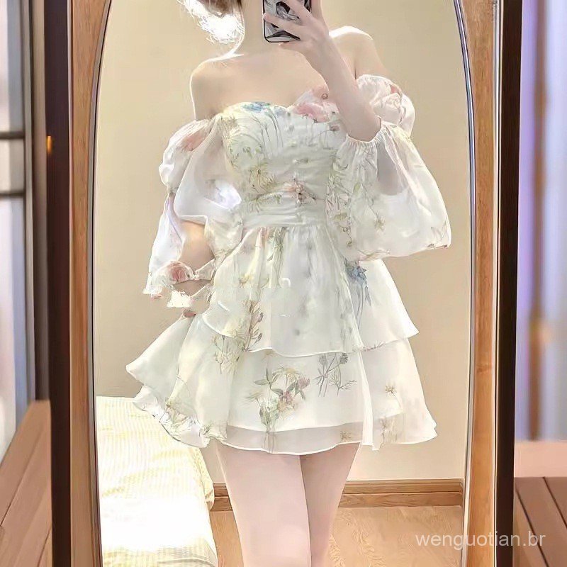 Vestido de Grande Venda 2025 Outono Nova Moda Vestido Curto Floral Feminino BUXQ