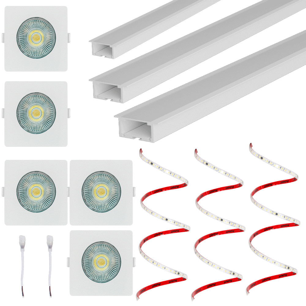Kit 6 Metros de Perfil Alumínio Sala Embutir e 6 Metros Fita LED IP65 5 Spots de luz 3000K Avant