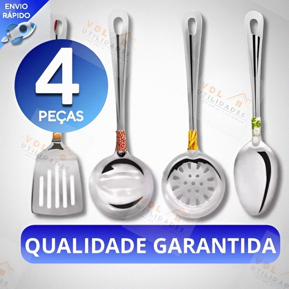 Utensilios para Cozinha INOX 4pçs Espatula Escumadeira Colher de Arroz Concha Louça Comida Casa