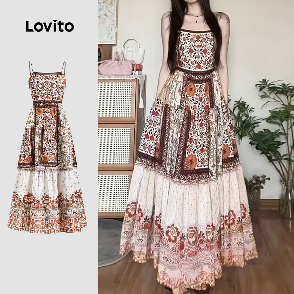 Lovito Vestido Boho com Pregas  Linha Estruturada  Vestido de Primavera/verão para Mulheres L138ED154 em Oferta na Shopee