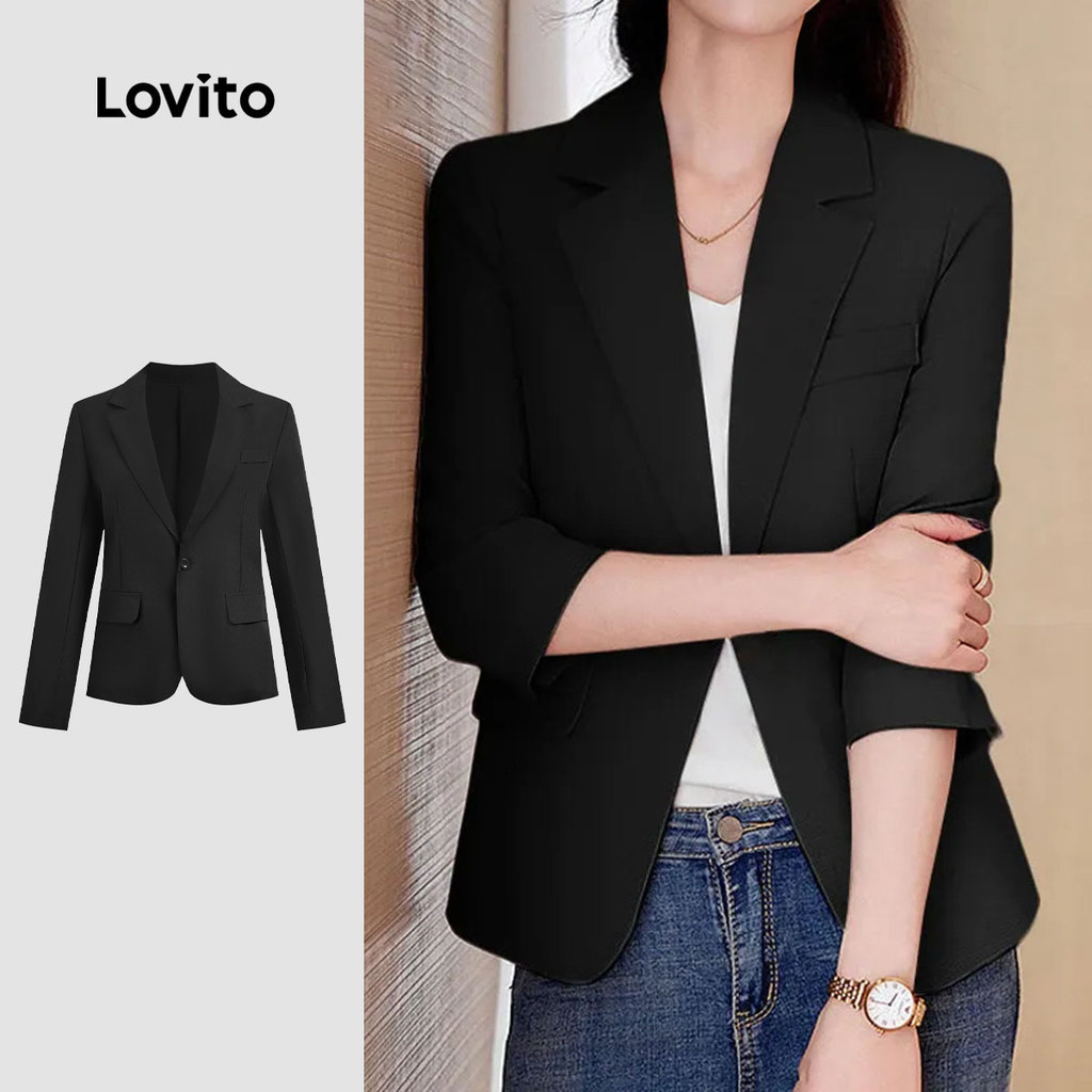 Lovito Blazer Casual Sem Forro Com Botões Preto Primavera/verão Para Mulheres L157ED1076