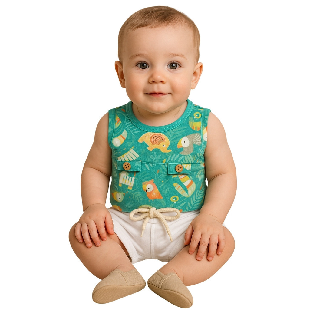 Conjunto Bebê Menino Verão Body Estampado Verde e Shorts Suedine Presente de Anjo 26146