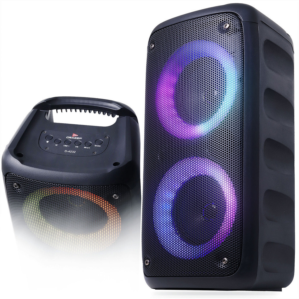 Imagem Caixa de Som Bluetooth Grande Grasep Amplificada P2 FM Torre Painel Led RGB Aux P10 Microfone 2 Alto Falante